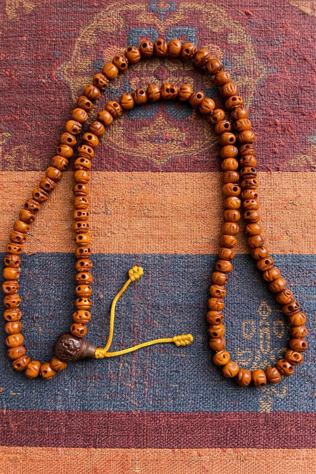 108 Bead Bone Skull Mala Necklace – Aged Round & Barrel Beads | Himalayan-Inspired Meditation Jewelry