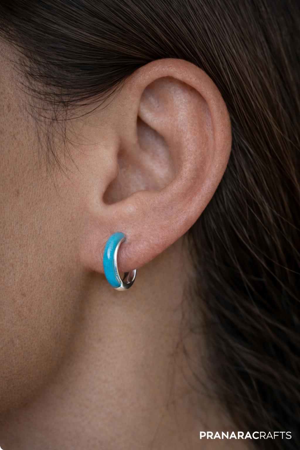 925 Silver Plated Handmade Tibetan-Style Turquoise Hoop Earrings