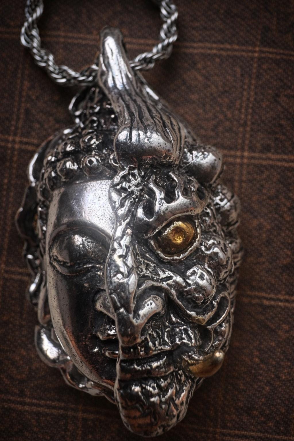 One Thought Buddha Demon Pendant – Silver Plated Necklace, Vintage Buddhist Protection Jewelry