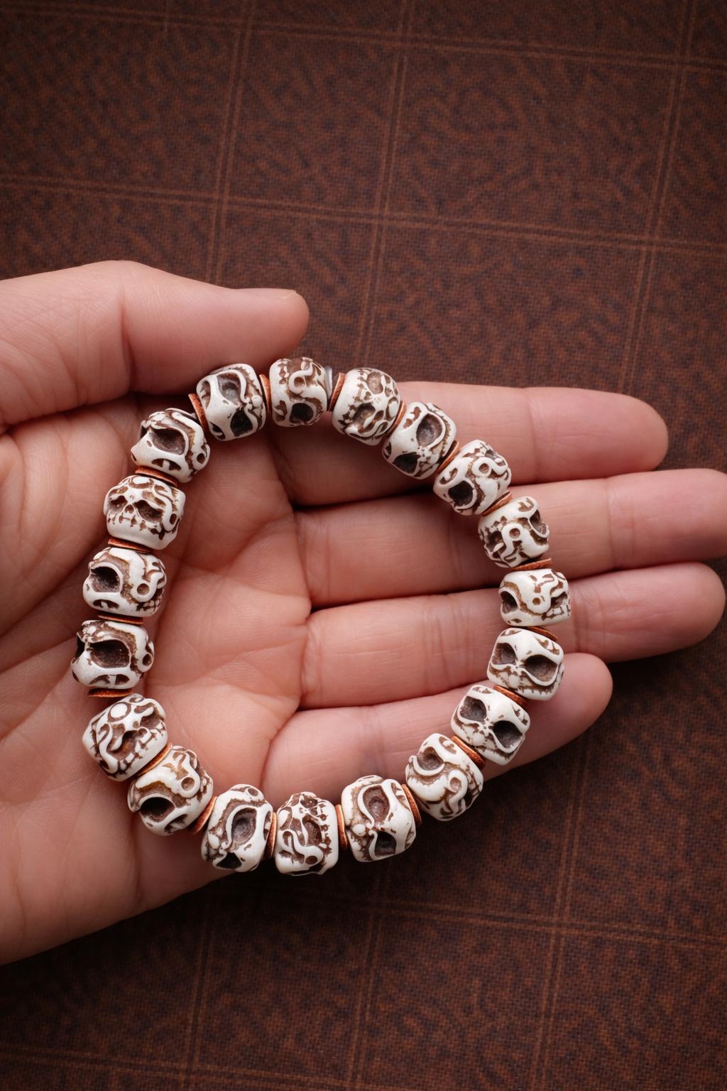 Tibetan Camel Bone Bracelet – Hand-Carved Skull Beads | Spiritual Protection Jewelry