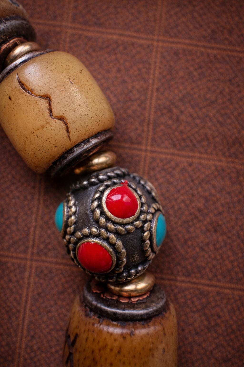 Vintage Tibetan Yak Bone Bracelet – Carved A-Dai Style Barrel Beads with Silver-Tone Inlay