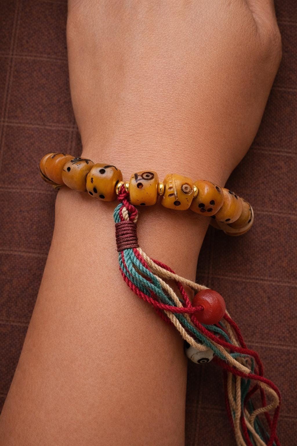 Tibetan Yak Bone Citipati Barrel Bead Bracelet – Vintage Detail | Tassel Accent | Unisex Spiritual Jewelry