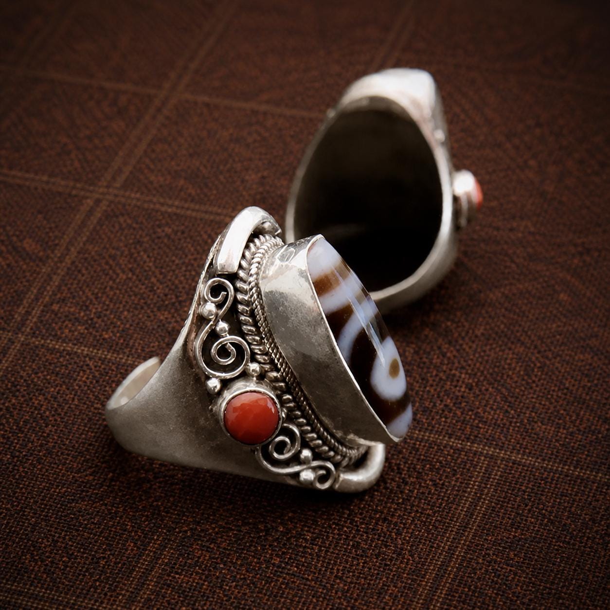 Tibetan-Inspired Silver Plated Dzi Style Statement Ring with Red Accent