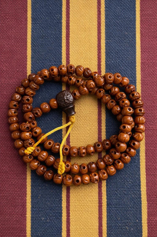 108 Bead Bone Skull Mala Necklace – Aged Round & Barrel Beads | Himalayan-Inspired Meditation Jewelry