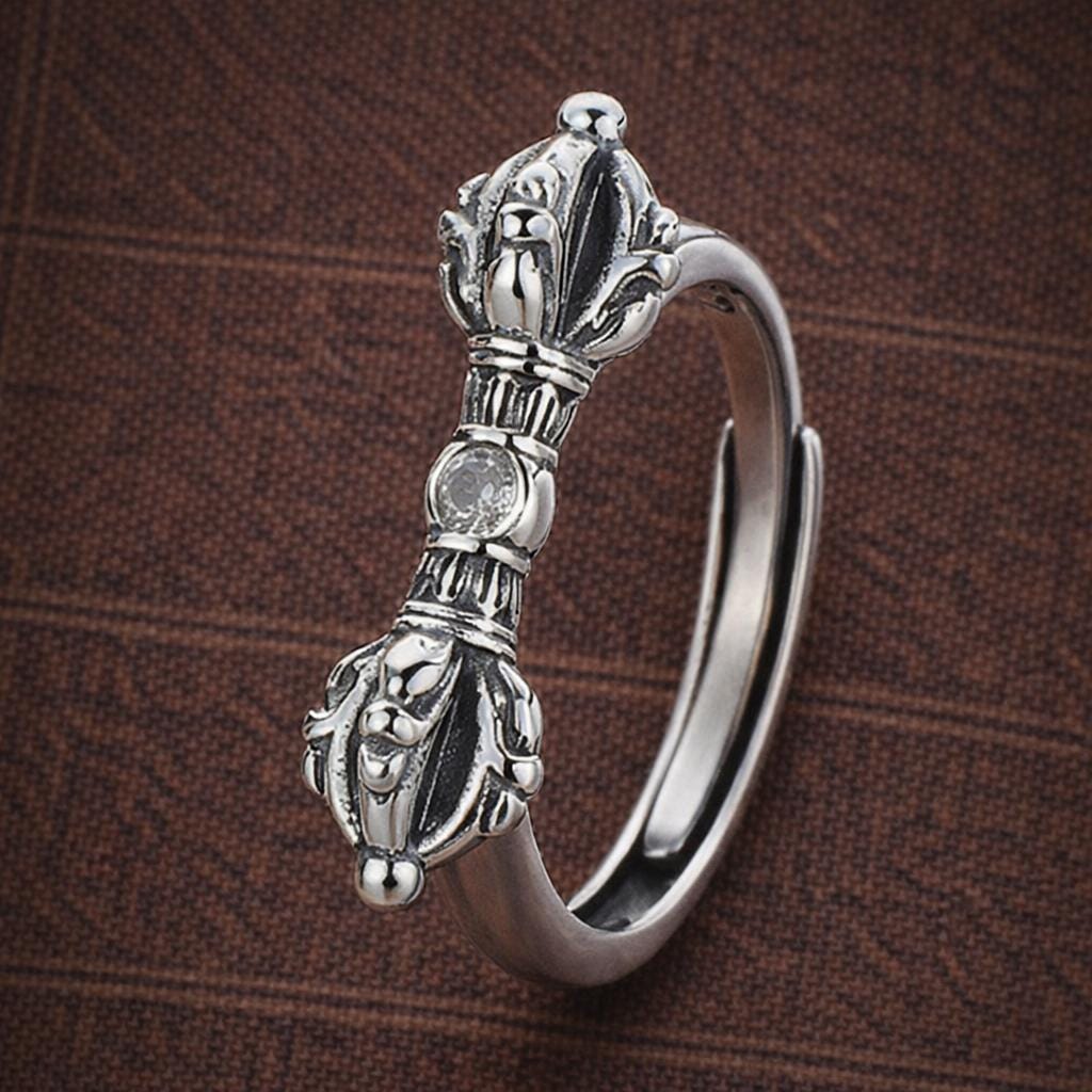 Vintage Tibetan Dorje Ring – S925 Silver Plated Vajra Buddhist Adjustable Ring