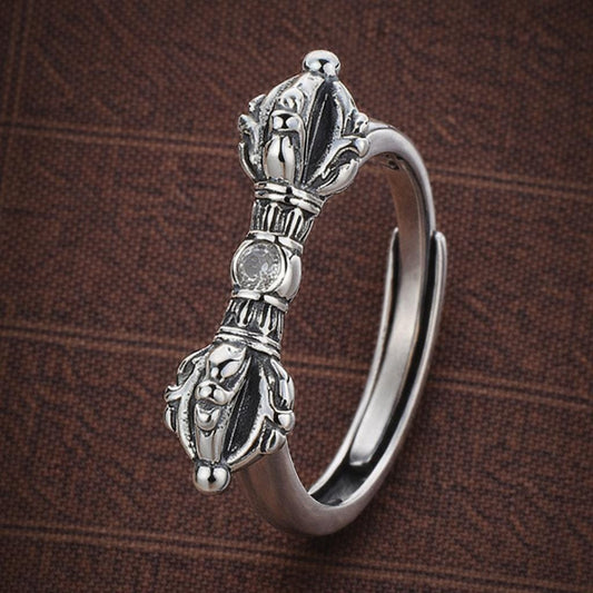 Vintage Tibetan Dorje Ring – S925 Silver Plated Vajra Buddhist Adjustable Ring