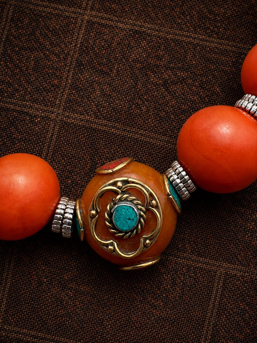 Tibetan Nepalese Coral Bead Necklace, Ethnic Handmade Statement Necklace, Turquoise Inlay Boho Jewelry