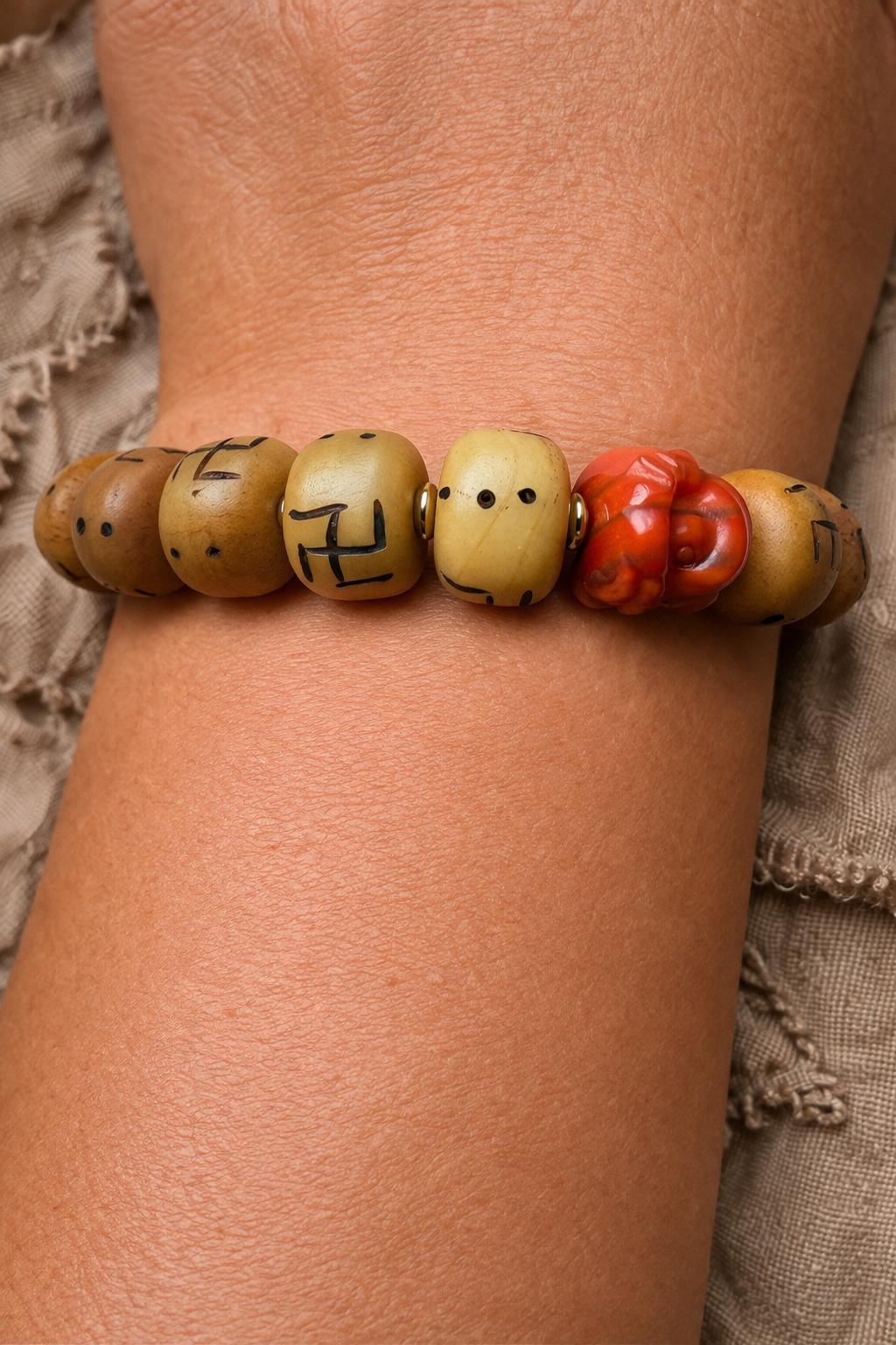 Tibetan Bone Carved Bracelet – Vintage Barrel Beads with Traditional Carved Motif | Unisex Ethnic Style
