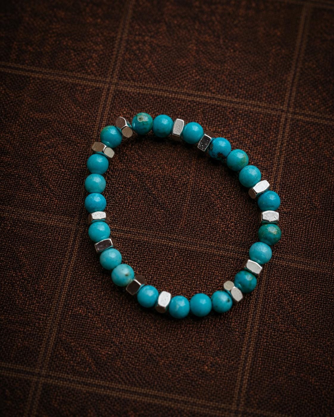 Vintage Turquoise Silver-Plated Beaded Stretch Ring
