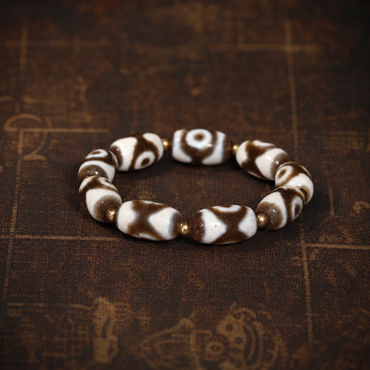 Old Agate Three-Eye Dzi Bracelet | Tibetan Style Ancient Bead Stretch Bracelet