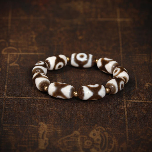 Old Agate Three-Eye Dzi Bracelet | Tibetan Style Ancient Bead Stretch Bracelet