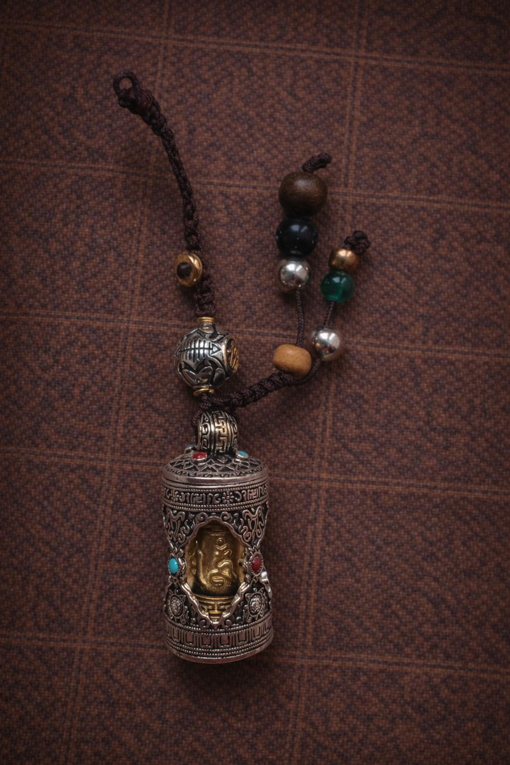Om Mani Padme Hum Prayer Wheel Charm – Silver Plated Keychain or Bag Pendant