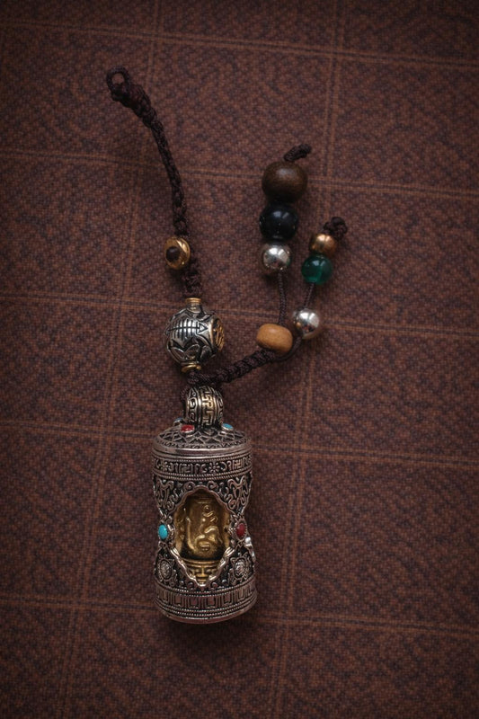 Om Mani Padme Hum Prayer Wheel Charm – Silver Plated Keychain or Bag Pendant