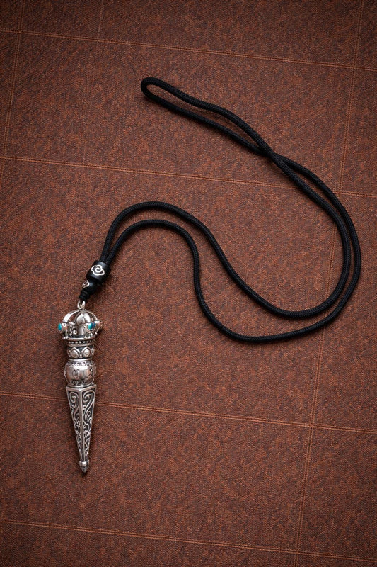 Vintage Silver Plated Pendant Necklace, Tibetan Style Phurba Charm
