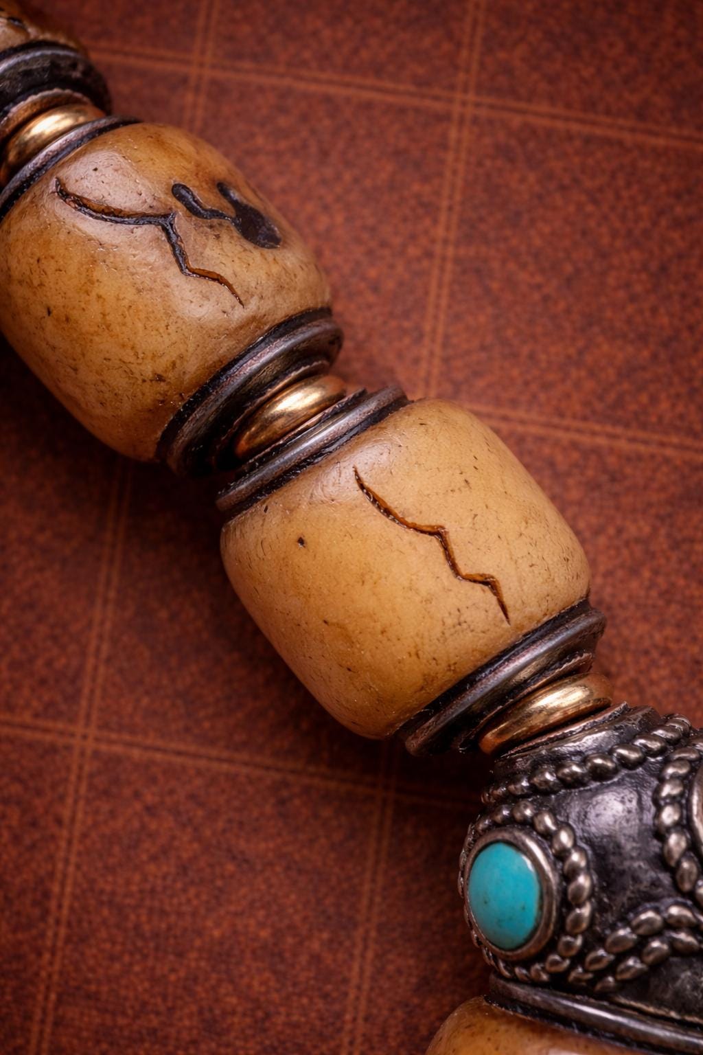 Vintage Tibetan Yak Bone Bracelet – Carved A-Dai Style Barrel Beads with Silver-Tone Inlay