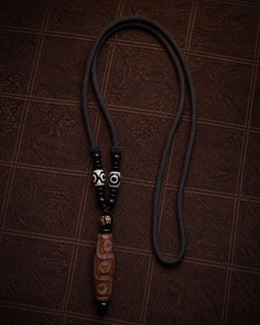 Tibetan 9-Eye Dzi Agate Pendant Necklace | Vintage Ethnic Amulet