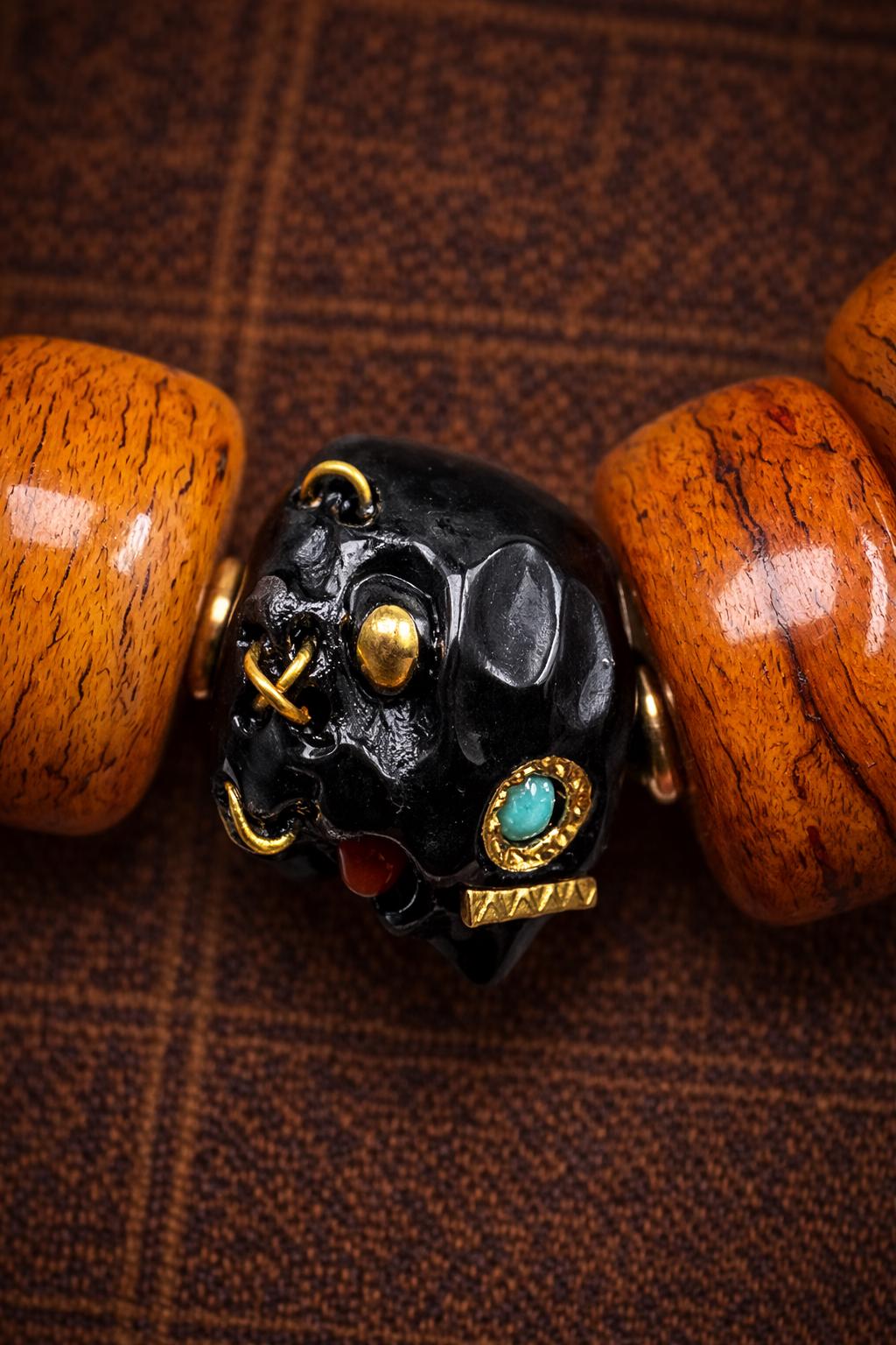 Two Turquoise Beads Tibetan Yak Bone Bracelet – Vintage Barrel Beads with Brass Inlay