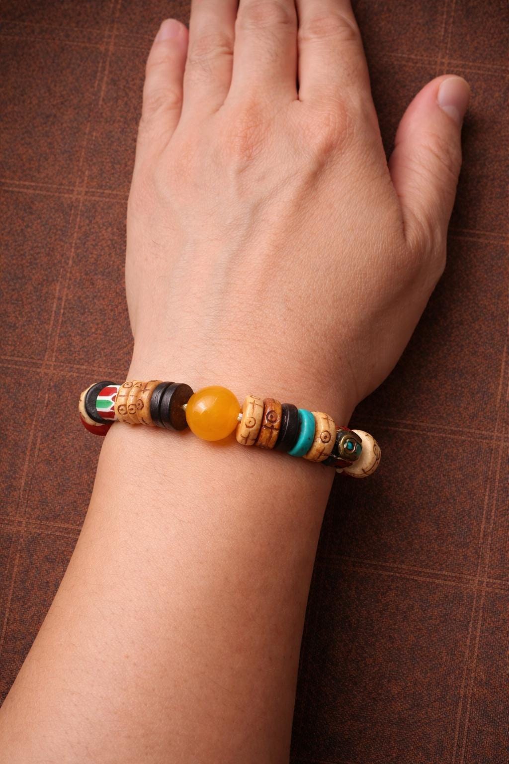 Tibetan-Inspired Multi-Bead Bracelet – Yak Bone, Agate, Glass & Copper | Handmade Statement Jewelry