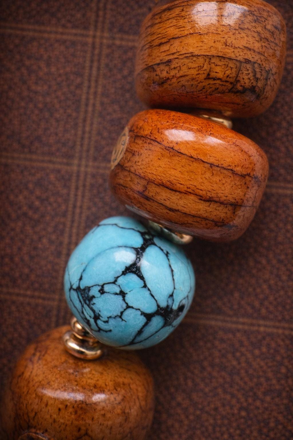 Two Turquoise Beads Tibetan Yak Bone Bracelet – Vintage Barrel Beads with Brass Inlay