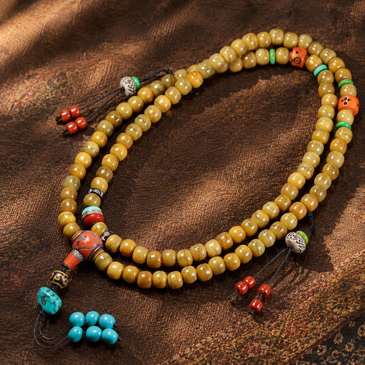Tibetan Yak Bone 108 Bead Mala Bracelet, Turquoise Agate, Boho Prayer Beads