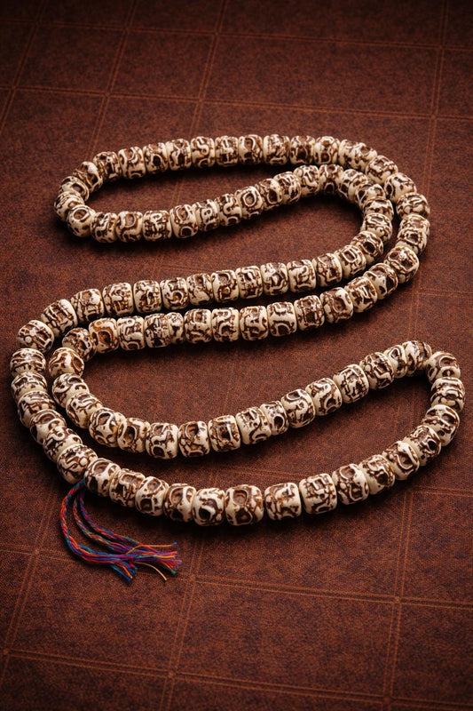 Tibetan Camel Bone Mala Necklace – 110 Bead Hand-Carved Skull Style | 106cm Wearable Meditation Jewelry
