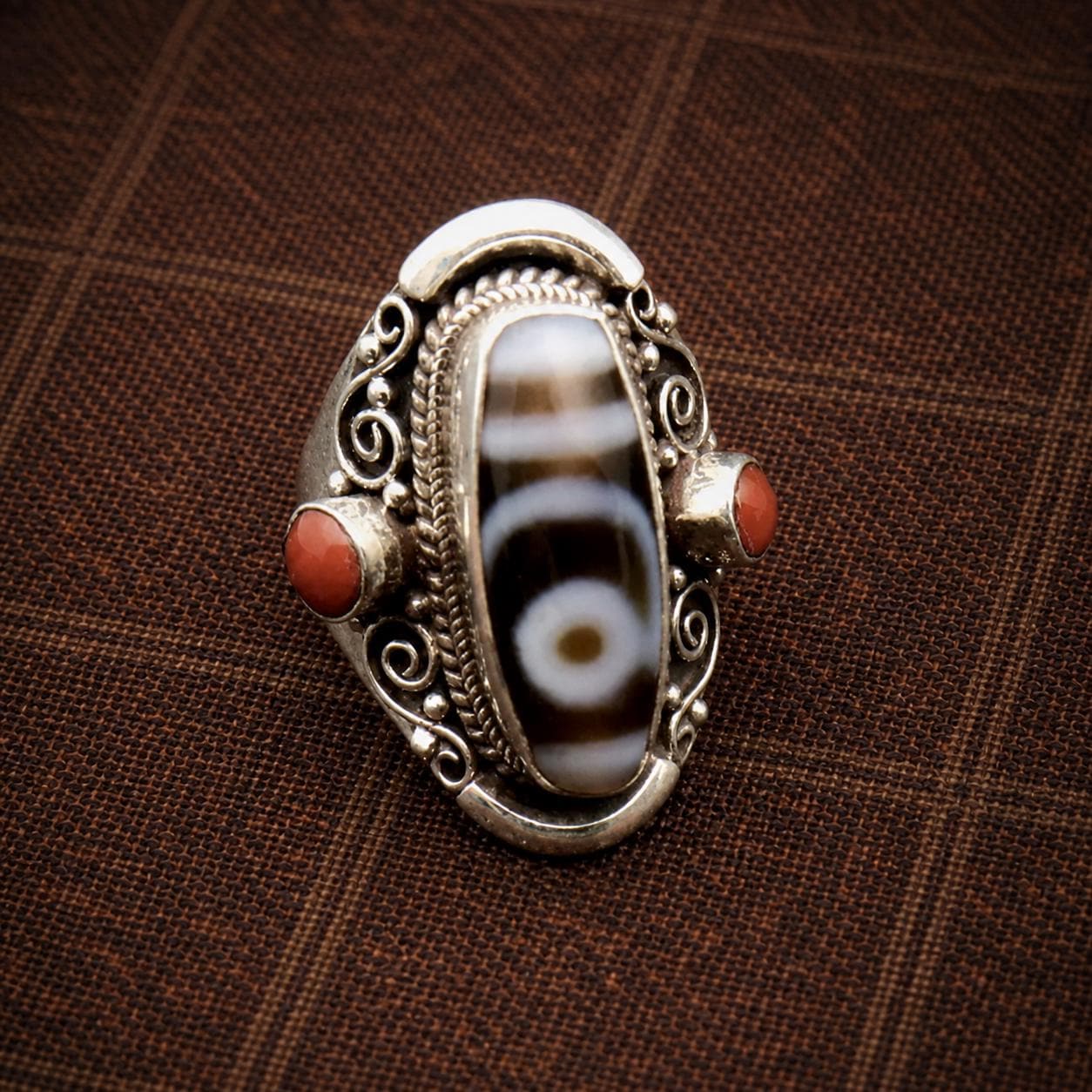 Tibetan-Inspired Silver Plated Dzi Style Statement Ring with Red Accent