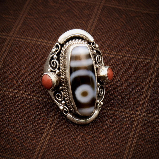 Tibetan-Inspired Silver Plated Dzi Style Statement Ring with Red Accent