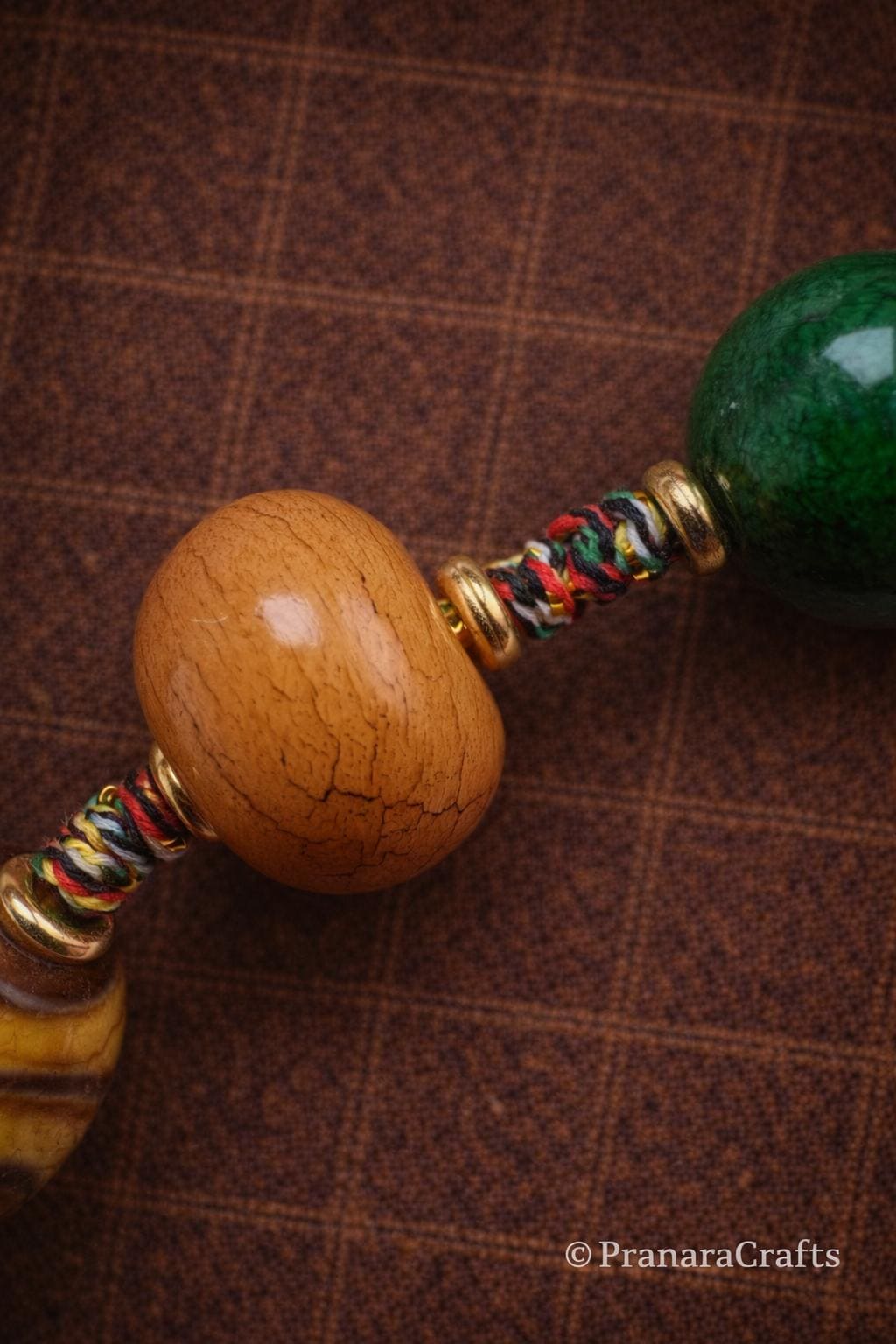 Tibetan Seven-Eye Dzi Agate Pendant Necklace, Braided Cord, Yak Bone Beads