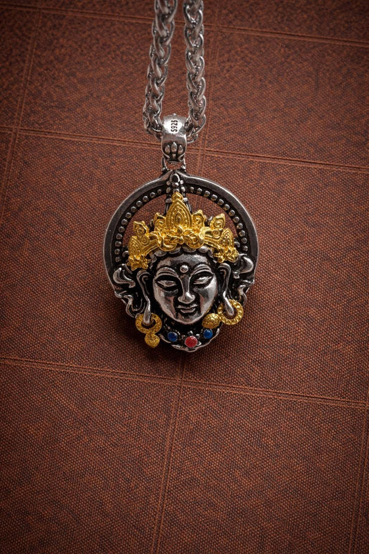 Tibetan Goddess Pendant – Vintage Gold Flame Necklace