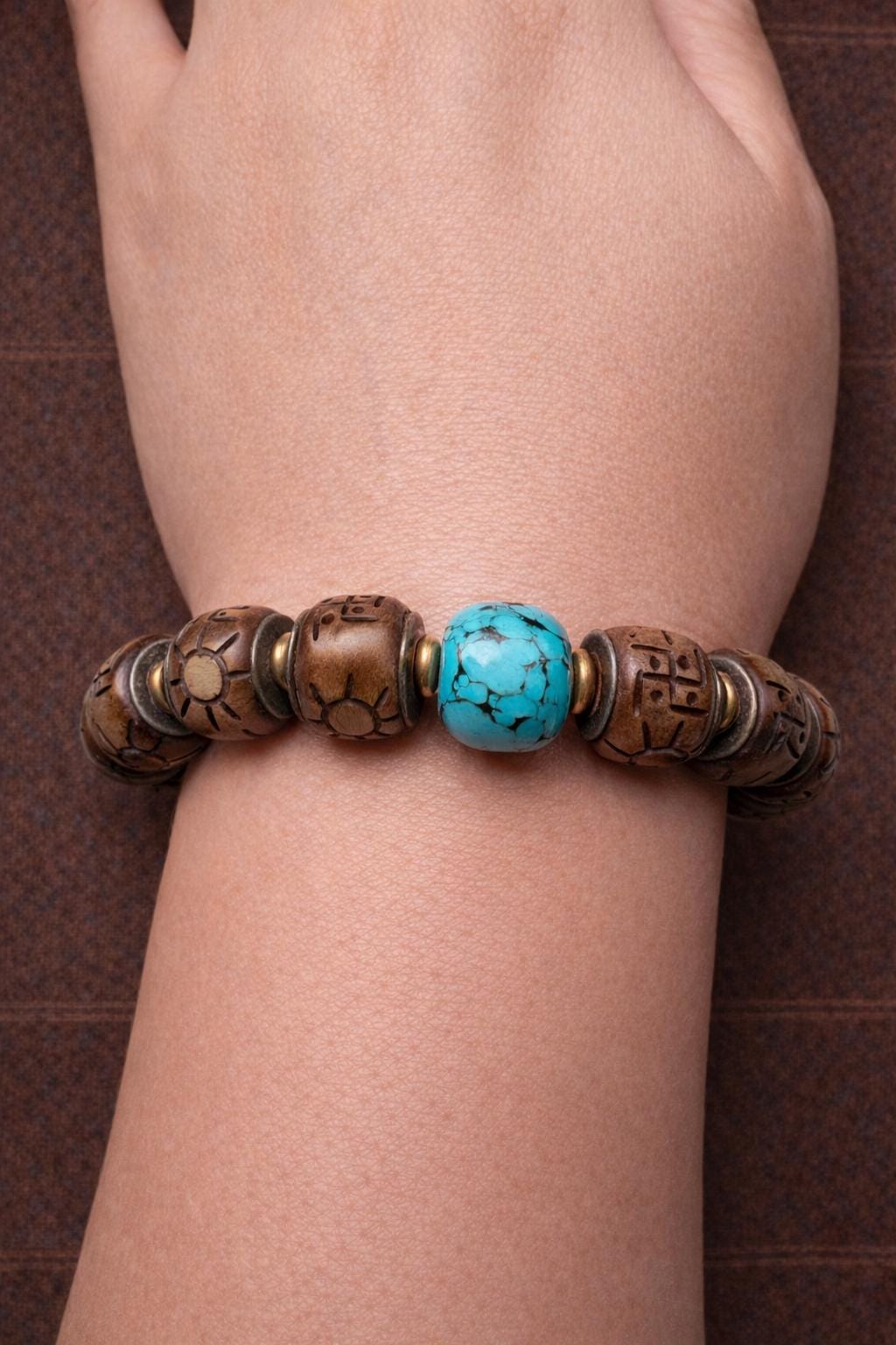 Vintage Tibetan Yak Bone Bracelet – Carved Barrel Beads with Turquoise