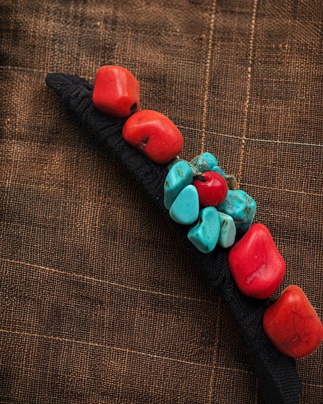 Tibetan Turquoise Coral Beaded Hair Clip, Ethnic Handmade Barrette Accessory