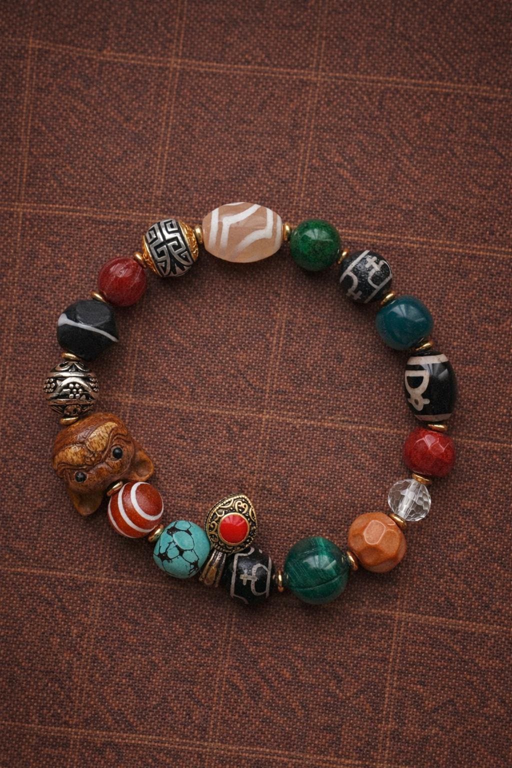 Tibetan Multi-Bead Bracelet – Yak Bone, Dzi Bead & Agate | Vintage Spiritual Charm Bracelet