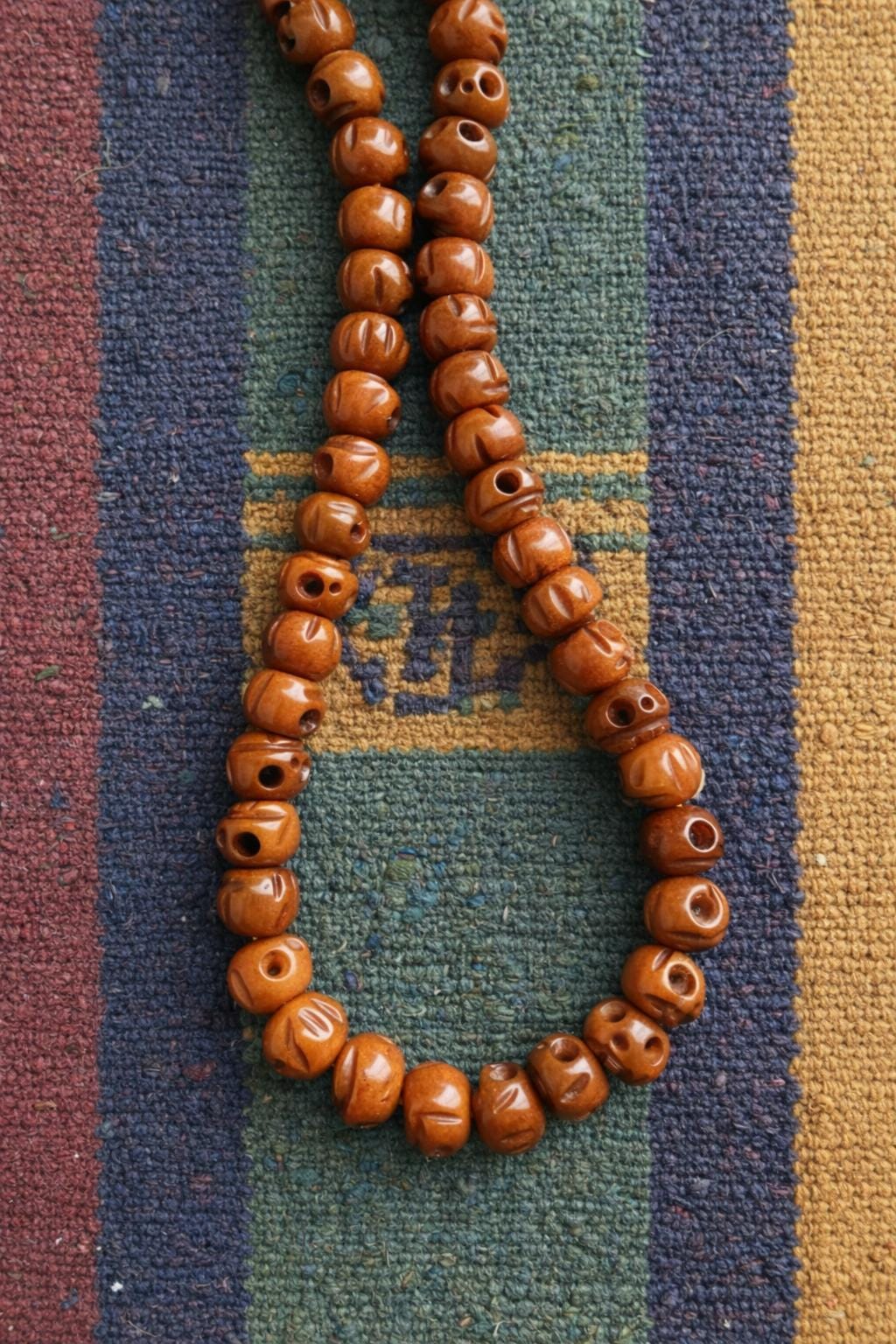108 Bead Bone Skull Mala Necklace – Aged Round & Barrel Beads | Himalayan-Inspired Meditation Jewelry