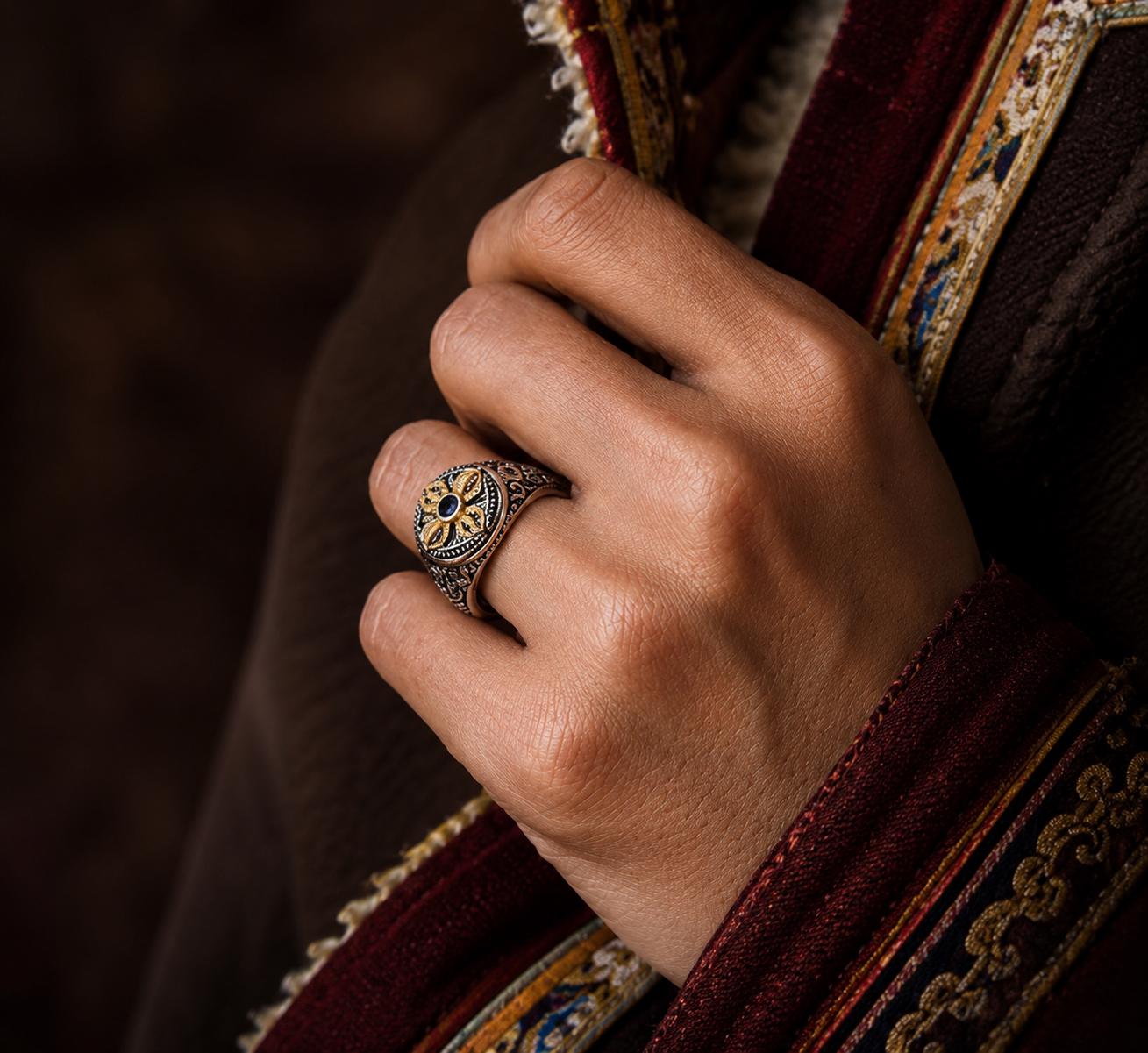 Tibetan Vajra Ring, Blue Agate Dorje Cross, Silver-Plated Wide Band Adjustable