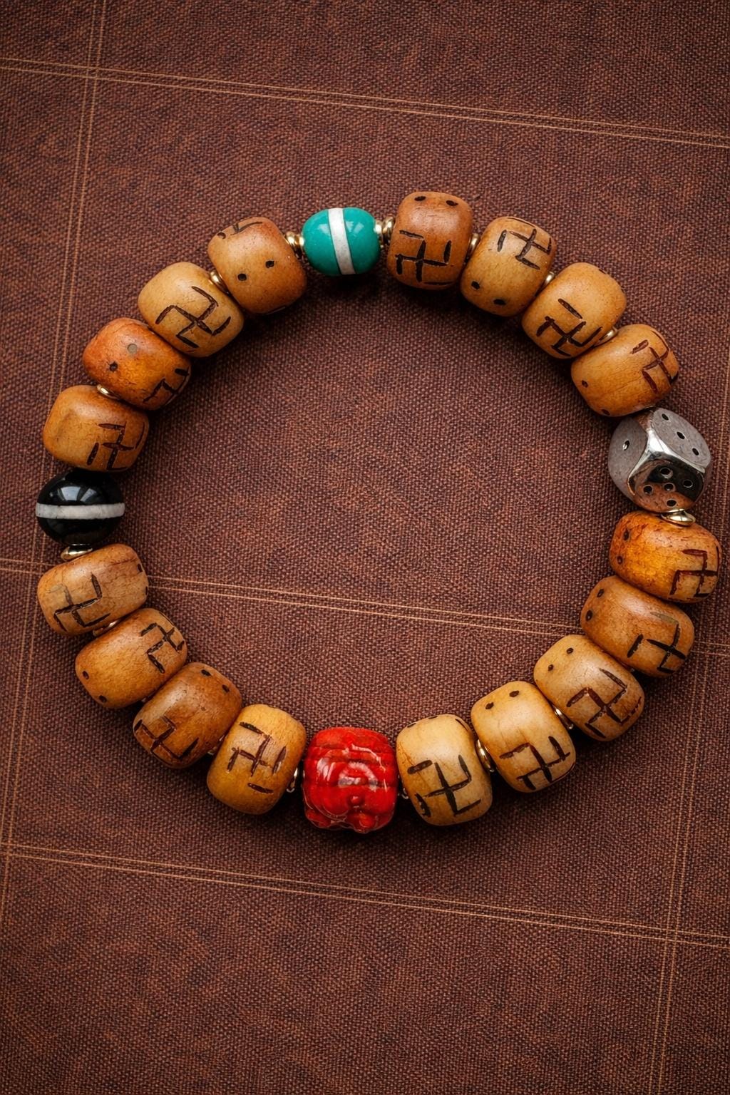 Tibetan Bone Carved Bracelet – Vintage Barrel Beads with Traditional Carved Motif | Unisex Ethnic Style