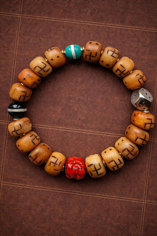 Tibetan Bone Carved Bracelet – Vintage Barrel Beads with Traditional Carved Motif | Unisex Ethnic Style