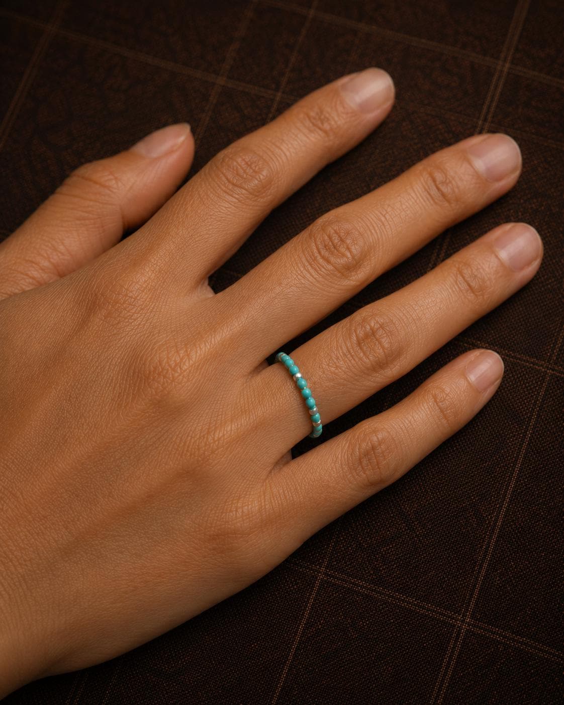 Vintage Turquoise Silver-Plated Beaded Stretch Ring