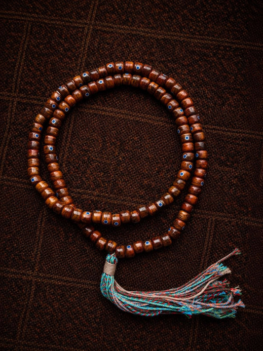 Tibetan Yak Bone Lapis Inlay 108 Mala Bracelet, Handmade Barrel Bead Prayer Beads, Ethnic Tassel Necklace