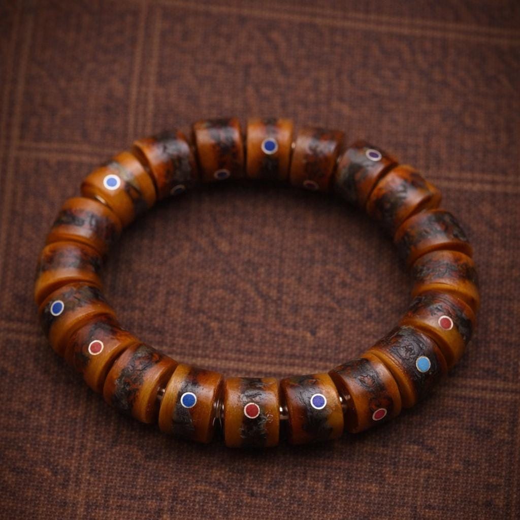 Tibetan Yak Bone Multi-Inlay Barrel Bead Bracelet – Vintage Style Unisex Spiritual Jewelry