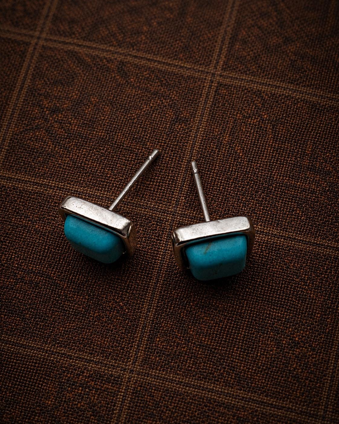 Silver Plated Turquoise Stud Earrings, Vintage Tibetan Style Boho Jewelry