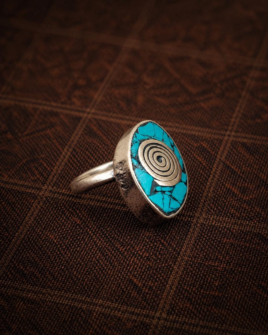 Turquoise Teardrop Adjustable Ring, Tibetan-Inspired Handmade Ring