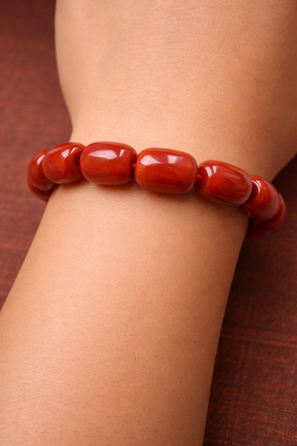 Red Agate Barrel Bead Bracelet – Handmade Gemstone Stretch Bracelet | Unisex Minimalist Jewelry