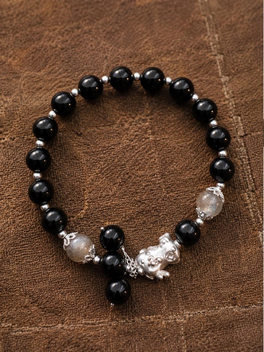 Natural Obsidian Wealth Bracelet with Silver-Plated Pixiu Charm