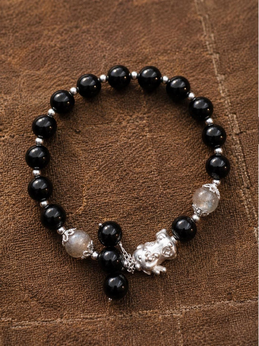 Natural Obsidian Wealth Bracelet with Silver-Plated Pixiu Charm