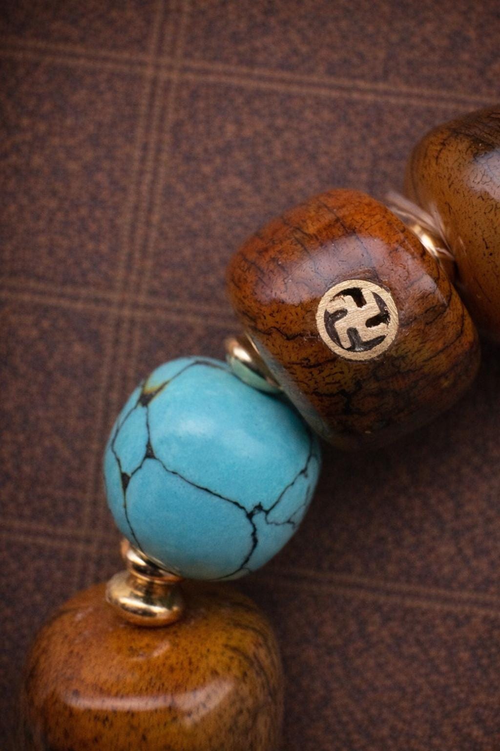 Two Turquoise Beads Tibetan Yak Bone Bracelet – Vintage Barrel Beads with Brass Inlay