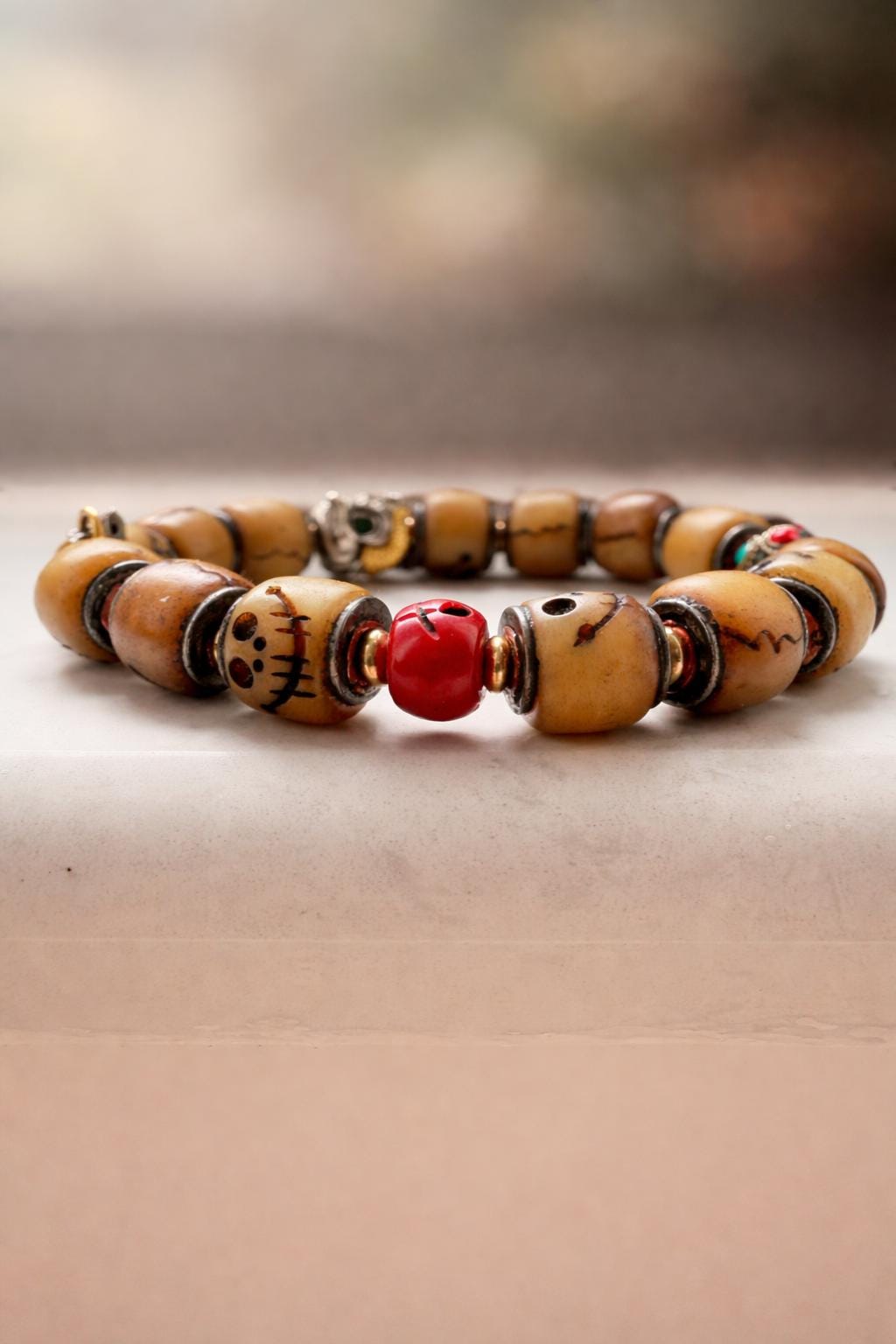 Vintage Tibetan Yak Bone Bracelet – Carved A-Dai Style Barrel Beads with Silver-Tone Inlay