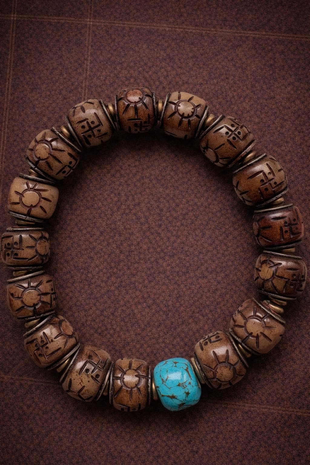 Vintage Tibetan Yak Bone Bracelet – Carved Barrel Beads with Turquoise