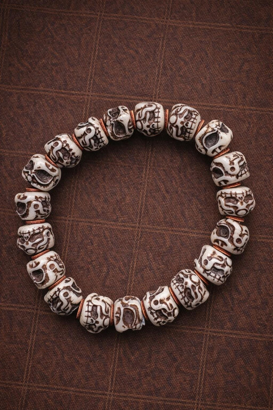 Tibetan Camel Bone Bracelet – Hand-Carved Skull Beads | Spiritual Protection Jewelry