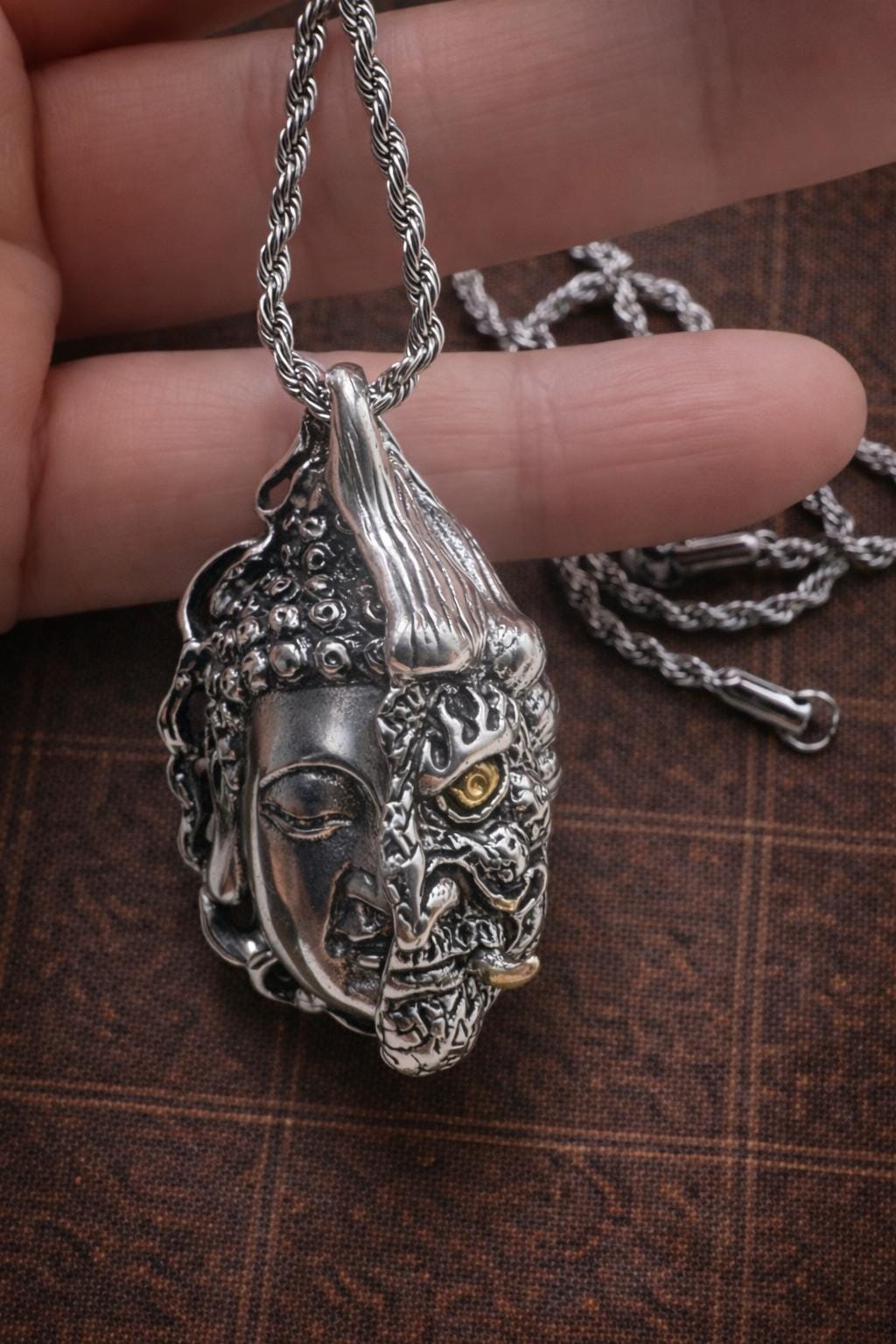 One Thought Buddha Demon Pendant – Silver Plated Necklace, Vintage Buddhist Protection Jewelry