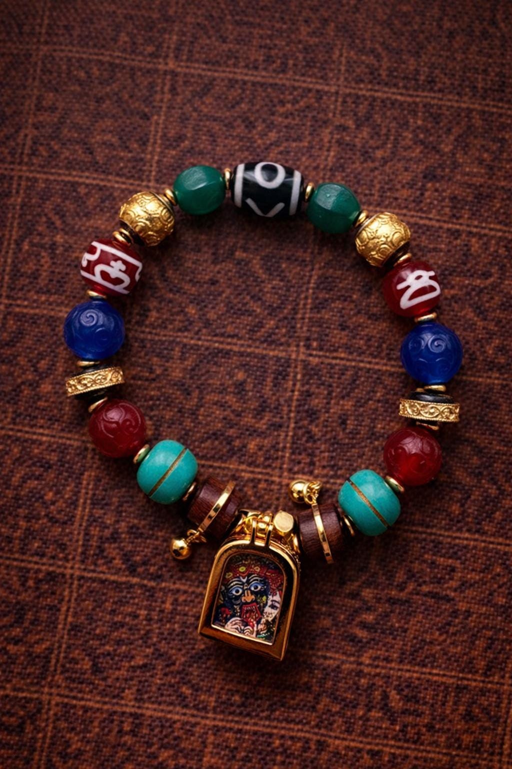 Tibetan Gau Box (Amulet Pendant) Bracelet - Dzi Bead, Green Agate & Turquoise